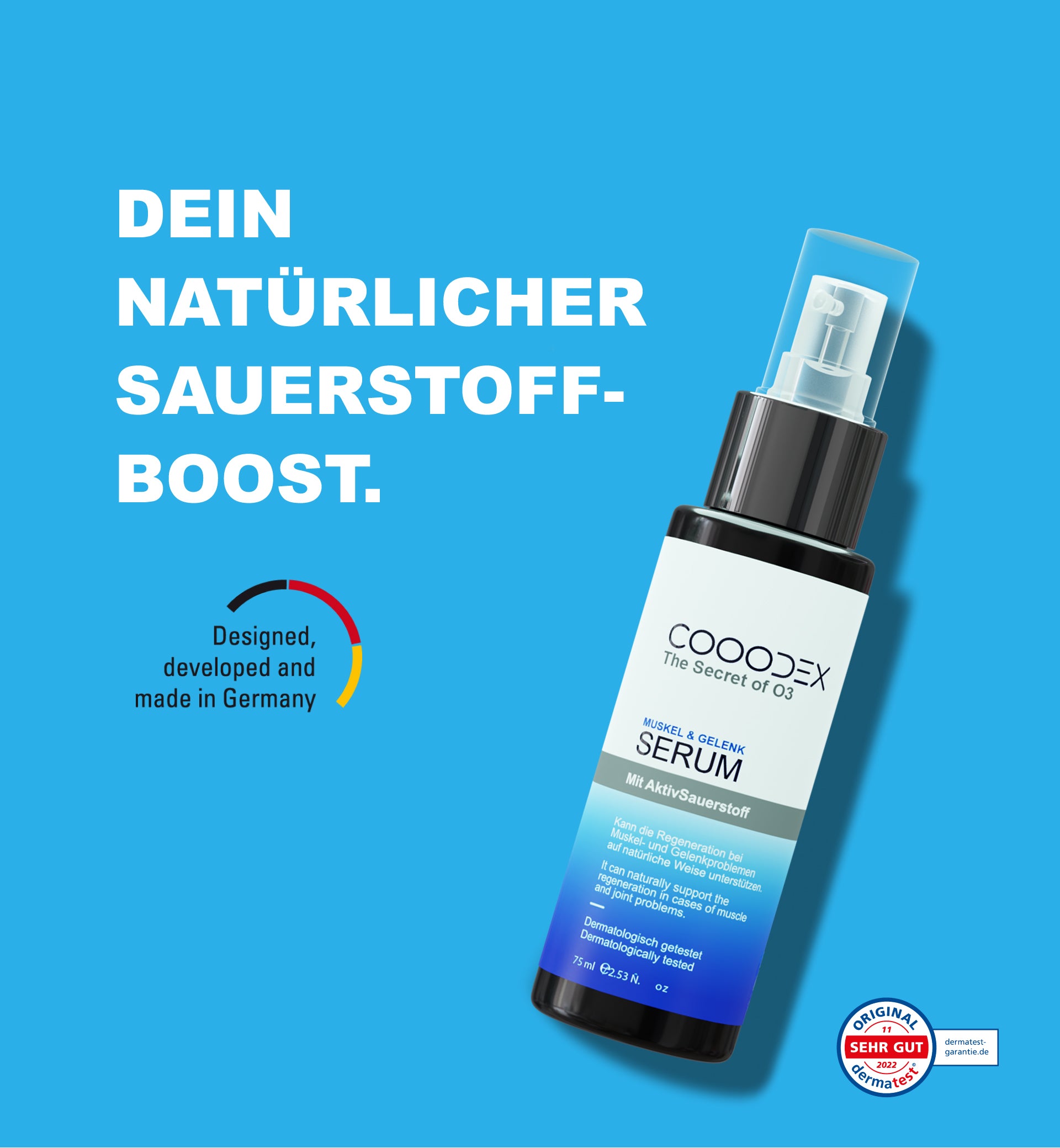 COOODEX Serum 75ml mit Text: Dein natürlicher Sauerstoff-Boost. Entwickelt und hergestellt in Deutschland. Dermatologisches Gutachten - Symbol. 