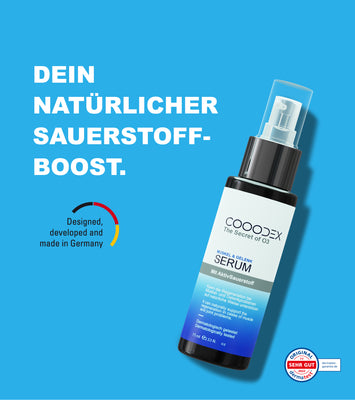 COOODEX Serum 75ml mit Text: Dein natürlicher Sauerstoff-Boost. Entwickelt und hergestellt in Deutschland. Dermatologisches Gutachten - Symbol. 