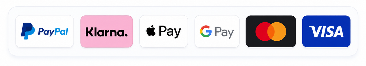 Akzeptierte Zahlungsarten: PayPal, Klarna, Apple Pay, Google Pay, Mastercard, Visa