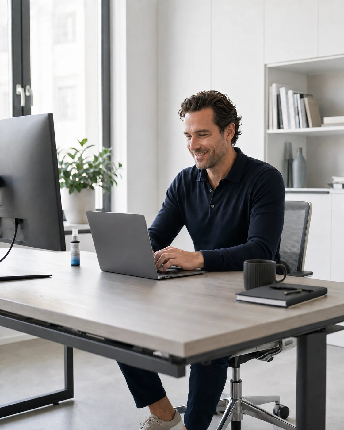 Mann sitzt am Schreibtisch und arbeitet am Laptop, daneben eine COOODEX Sprühflasche